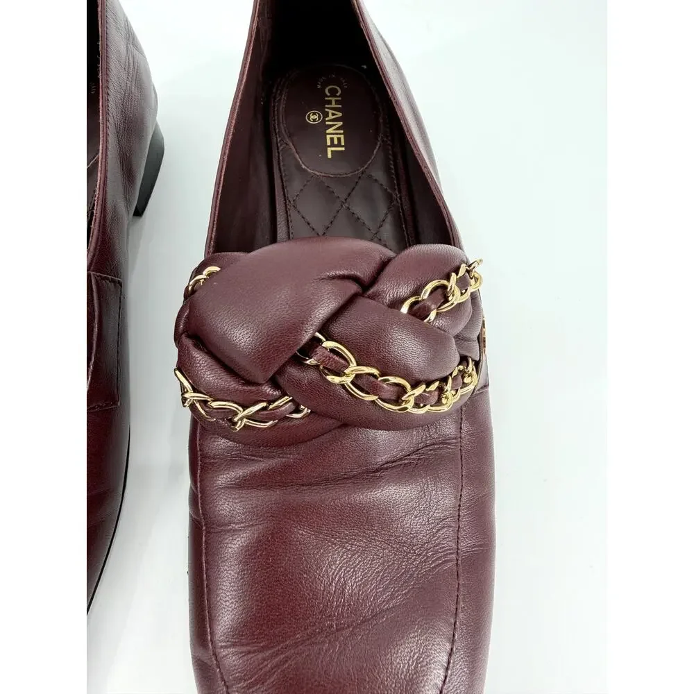 Chanel Bordeaux Burgundy Braided Lambskin CC Chain Loafers Size 39.5 EU 9